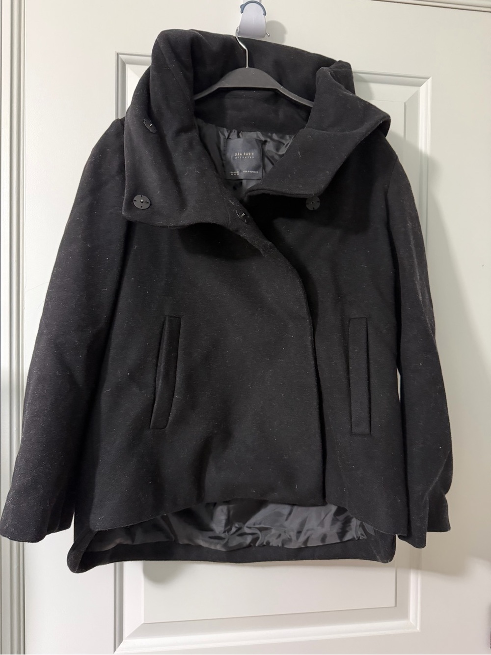 Zara Black Hooded Wool-Blend Pea Coat